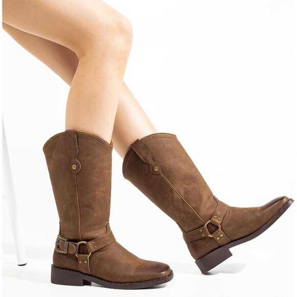 Women's Brown Buckle Strap Wide Calf Square Toe Western Riding Cowgirl Boots - Picture 4 of 9